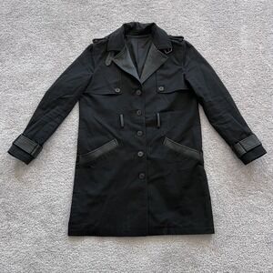 The Kooples Trench Coat Mens 40 Black Leather Trim Belted Collar Lined